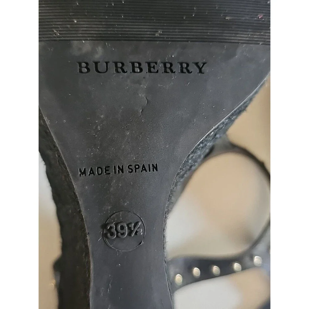 Burberry Check Studded Espadrille Wedge Sandals Black EU 39.5 Leather